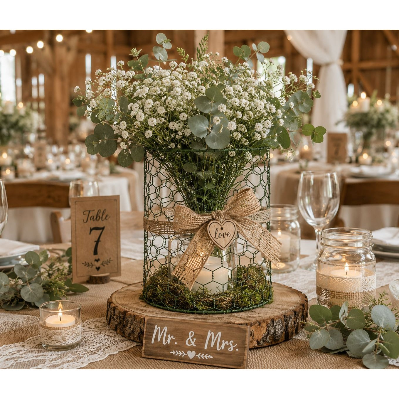 Decorative table centerpiece with flowers, candles, and 'Mr. & Mrs.' sign in a rustic setting.