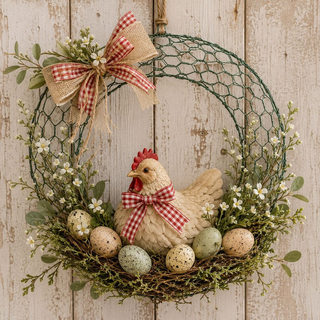 Decorative wreath with a chicken figurine, eggs, and a bow on a wooden background