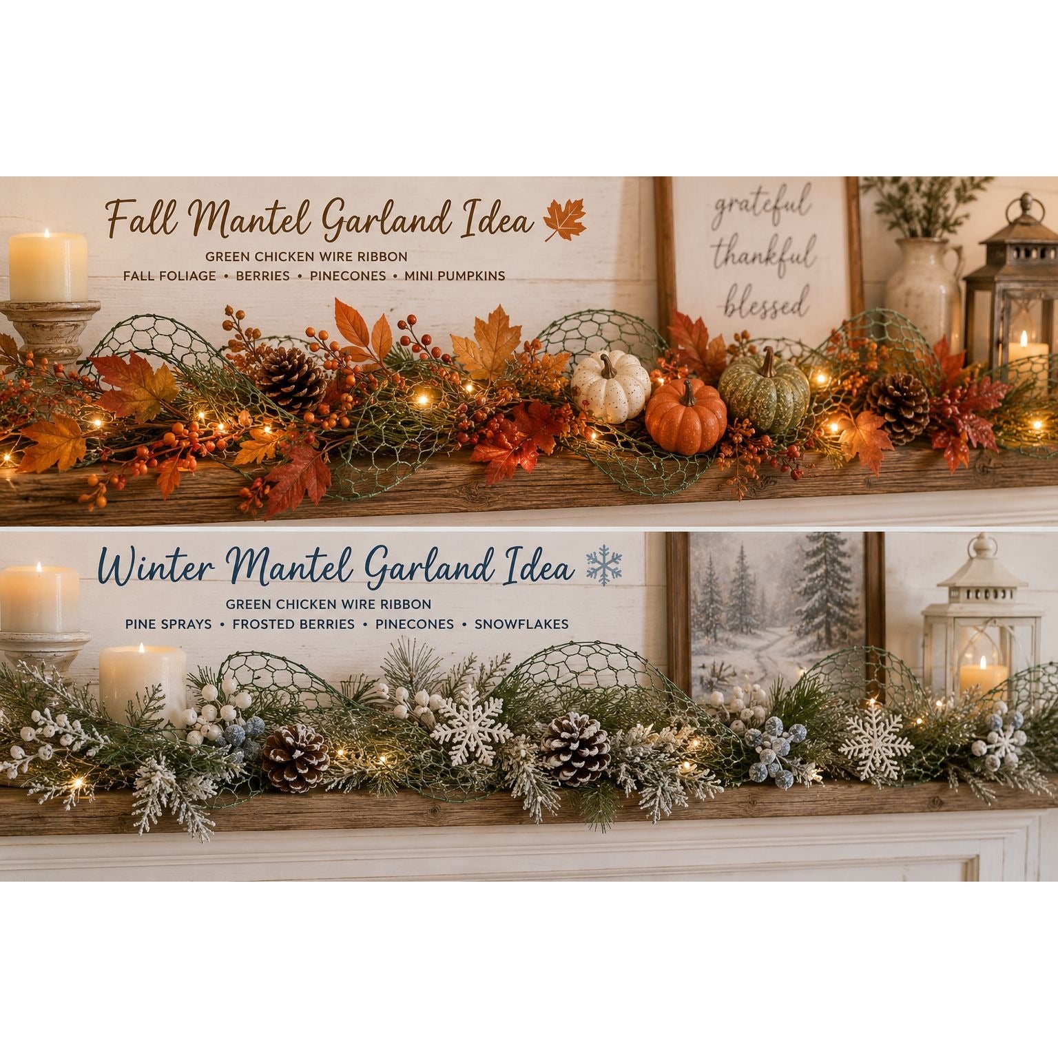 Two mantel garland ideas for fall and winter with decorative elements.