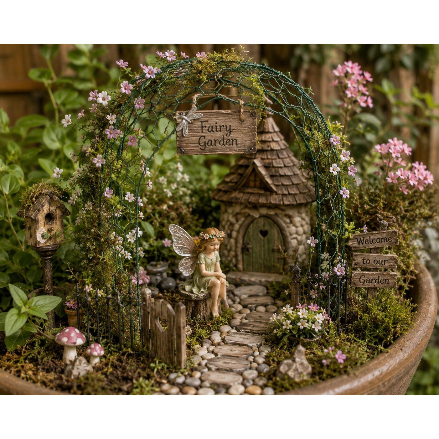 Fairy garden with a small house, fairy, and decorative elements in a pot.