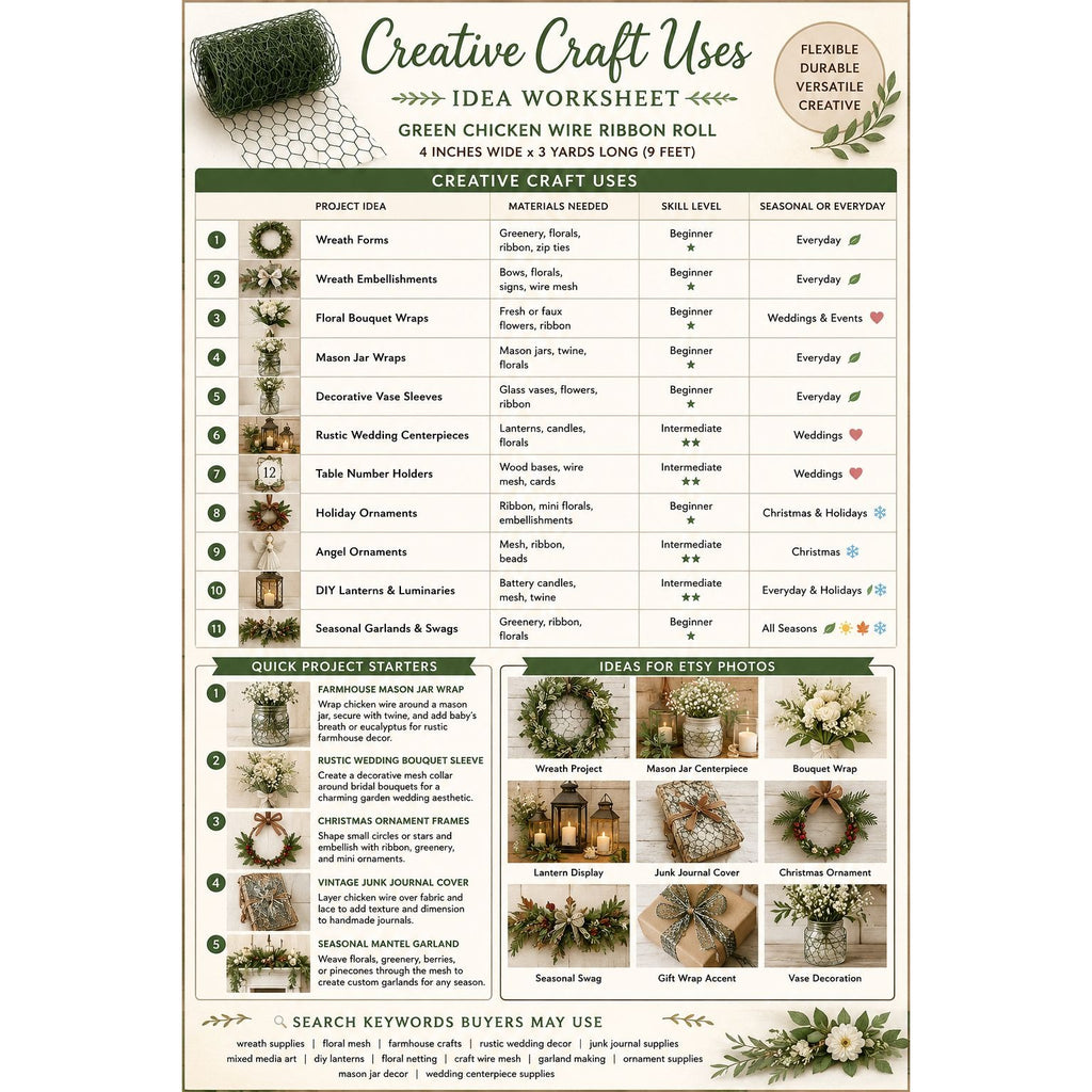 Creative craft uses idea worksheet for green chicken wire ribbon roll with project ideas and examples.