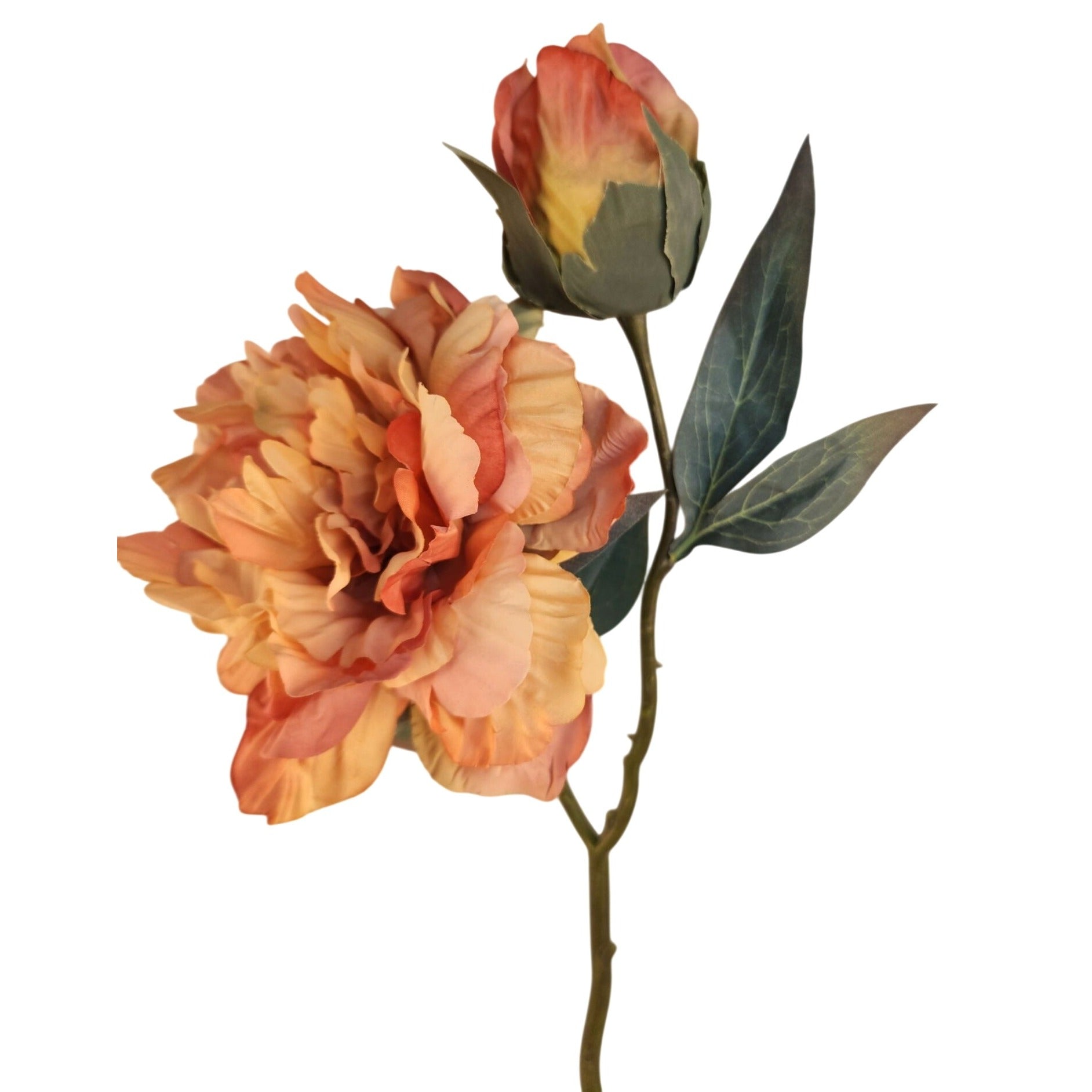 Peach Coral Faux Peony Stem 18 Inch Artificial Silk Flower 6 Inch Bloom Closed Bud Fall Floral Decor