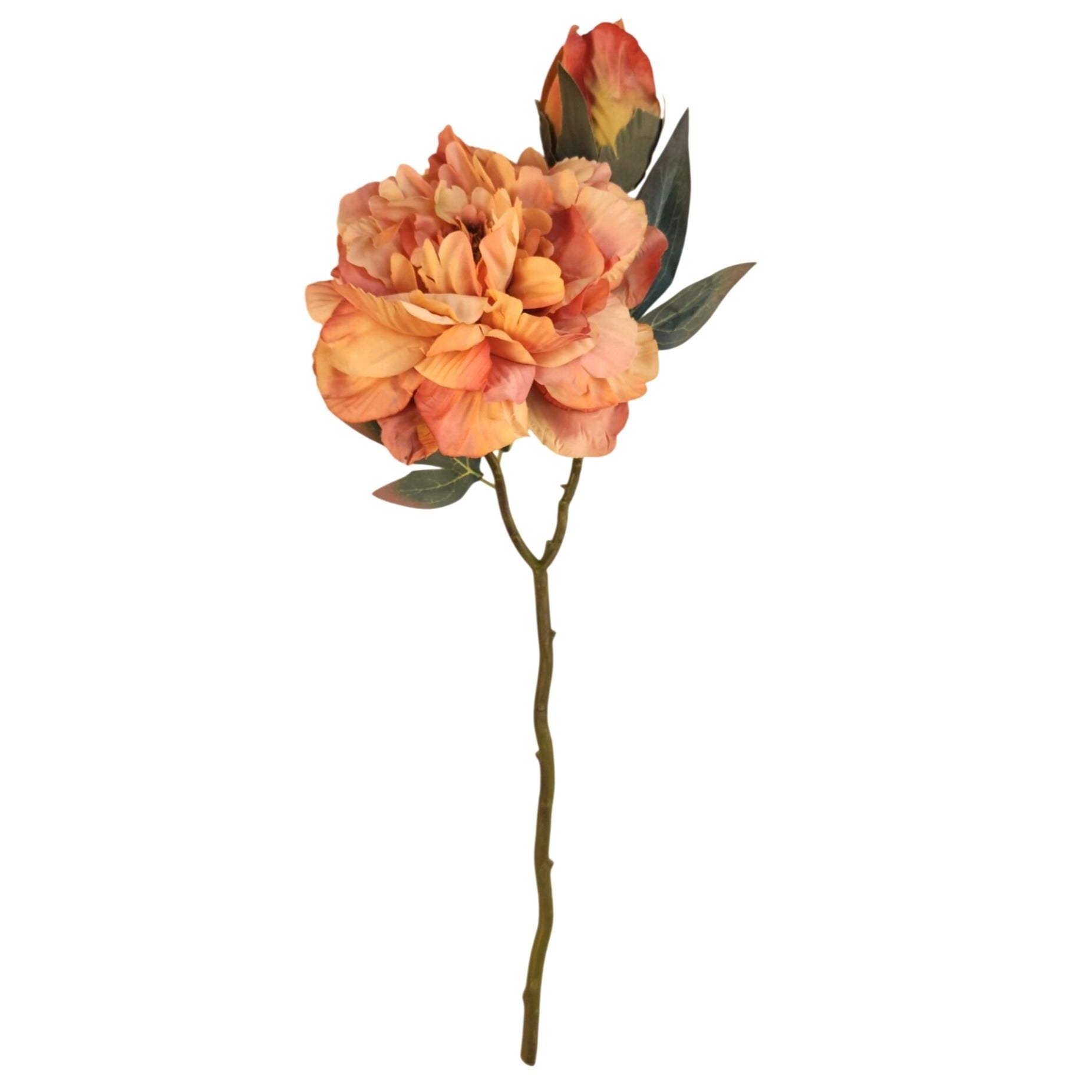 Peach Coral Faux Peony Stem 18 Inch Artificial Silk Flower 6 Inch Bloom Closed Bud Fall Floral Decor