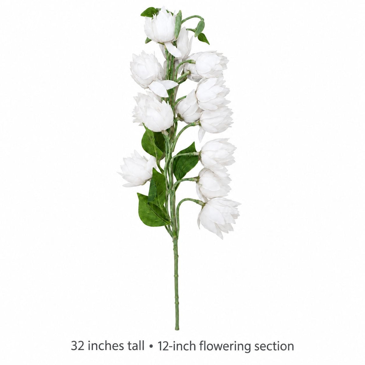 A single artificial white flower stem with multiple white blossoms, green leaves, and a long green stem on a plain white background. Text below reads '32 inches tall • 12-inch flowering section'.
