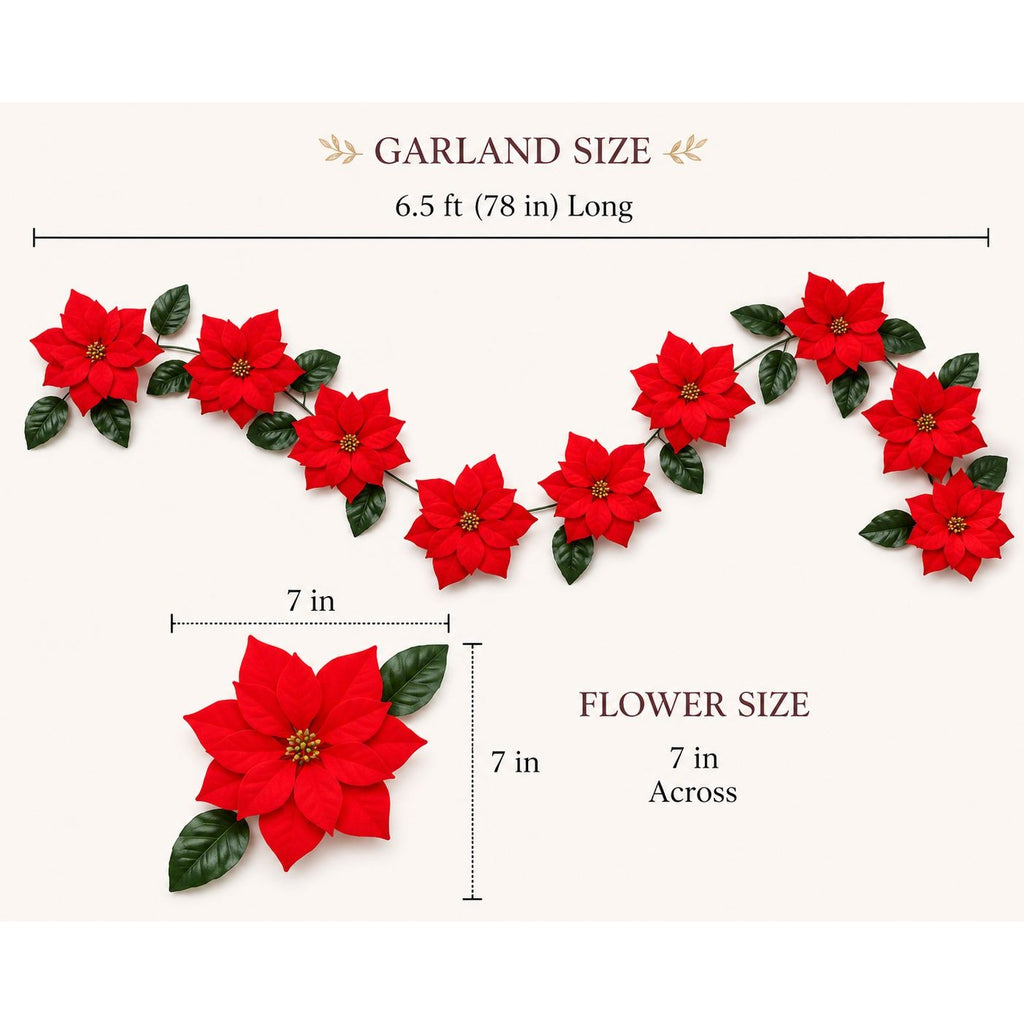 Red poinsettia flower garland with measurements on a white background