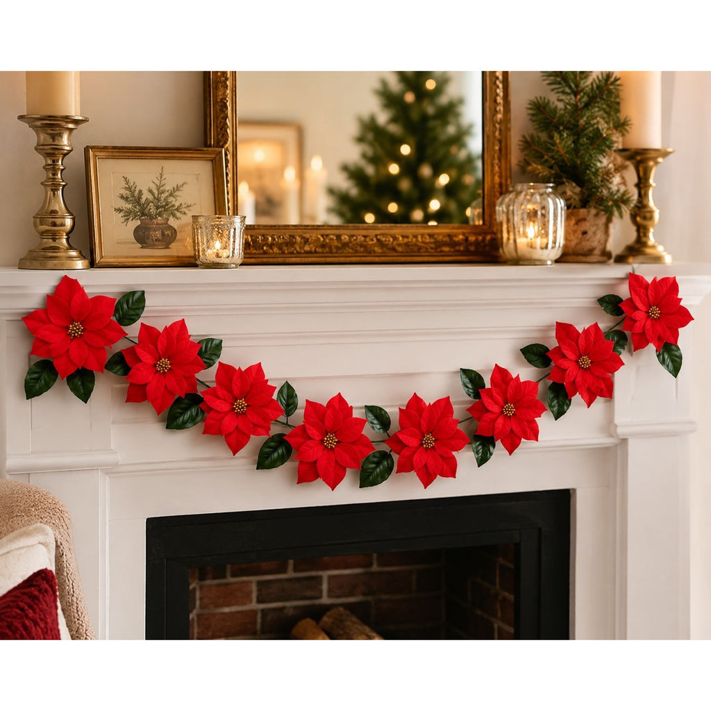 Red Velvet Poinsettia Garland Christmas Garland Holiday Mantel Decor Faux Poinsettia Floral Garland