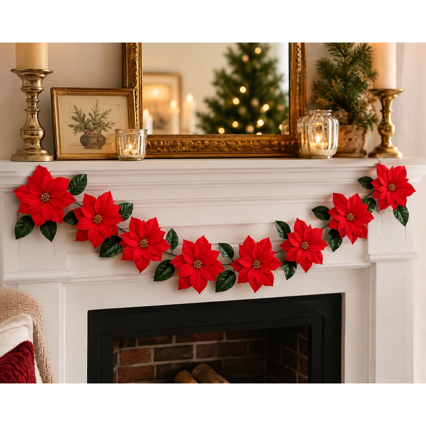 Red Velvet Poinsettia Garland Christmas Garland Holiday Mantel Decor Faux Poinsettia Floral Garland