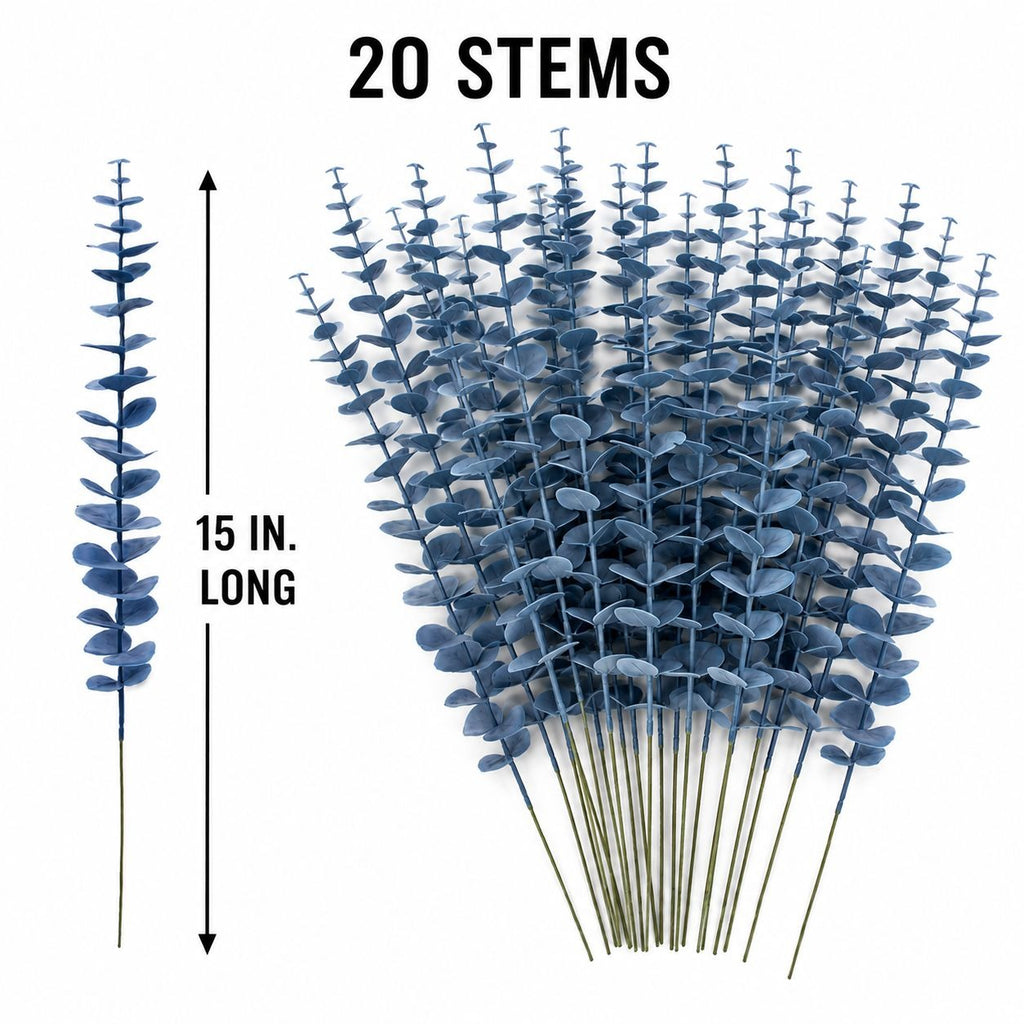 Gray Blue Faux Eucalyptus Stems 20pc, 15 Inch Wired Artificial Greenery for Wreaths, Weddings and Vase Decor