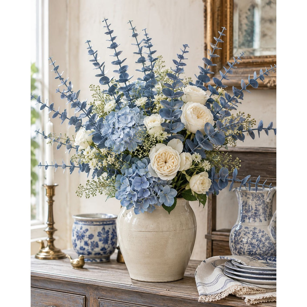 Gray Blue Faux Eucalyptus Stems 20pc, 15 Inch Wired Artificial Greenery for Wreaths, Weddings and Vase Decor