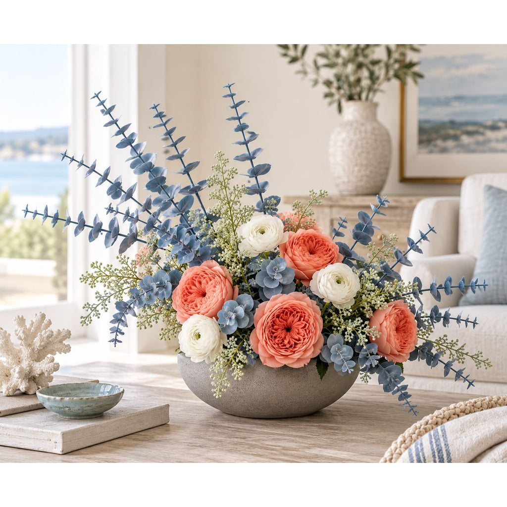 Gray Blue Faux Eucalyptus Stems 20pc, 15 Inch Wired Artificial Greenery for Wreaths, Weddings and Vase Decor