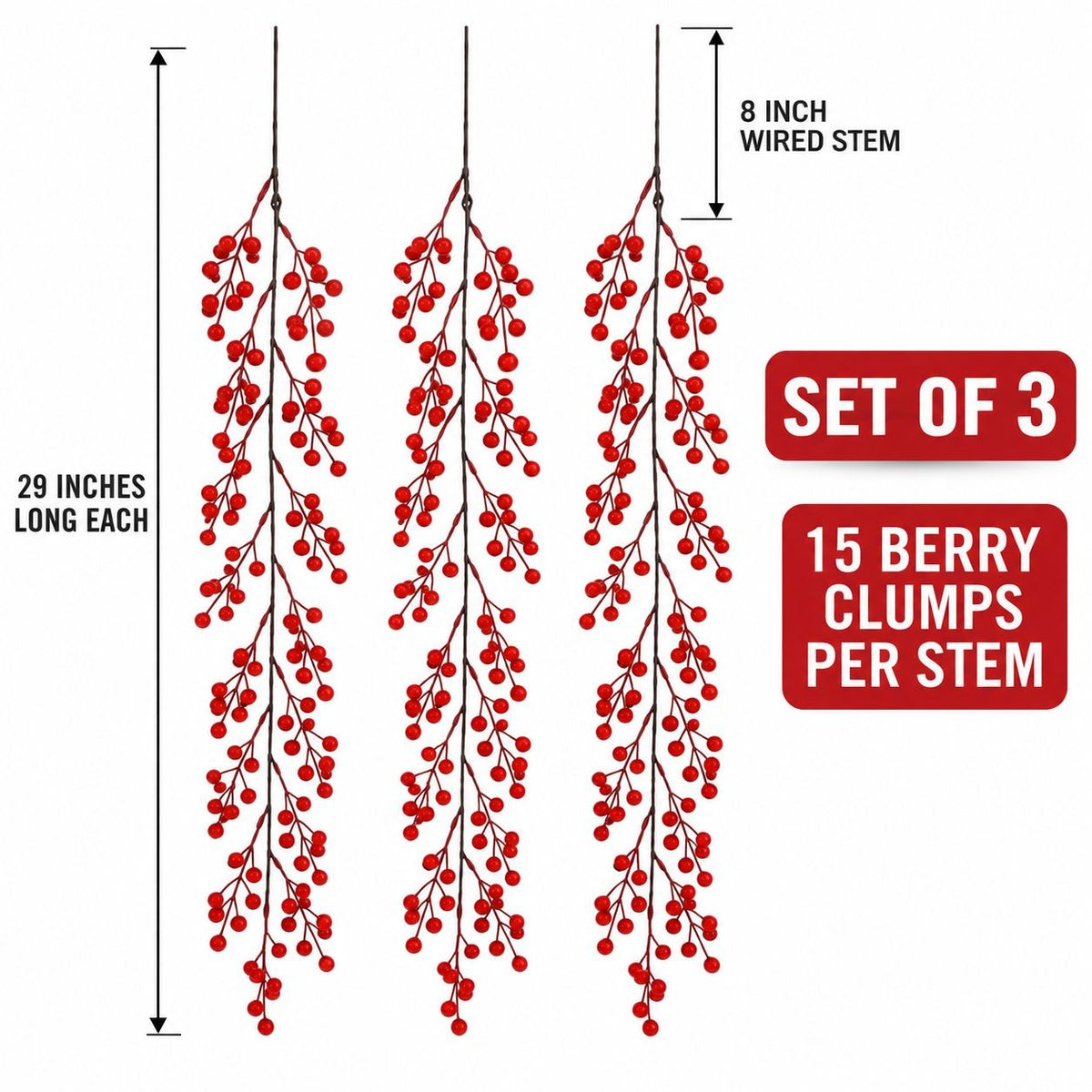 3 Artificial Red Berry Hanging Stems, 29-Inch Christmas Sprays