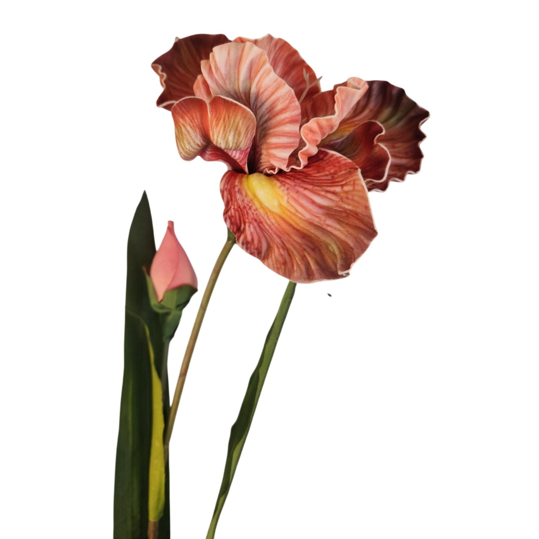 Luxury Artificial Iris Flower 33 Inch Tall Hand Painted Look Terracotta Pink Faux Floral Stem
