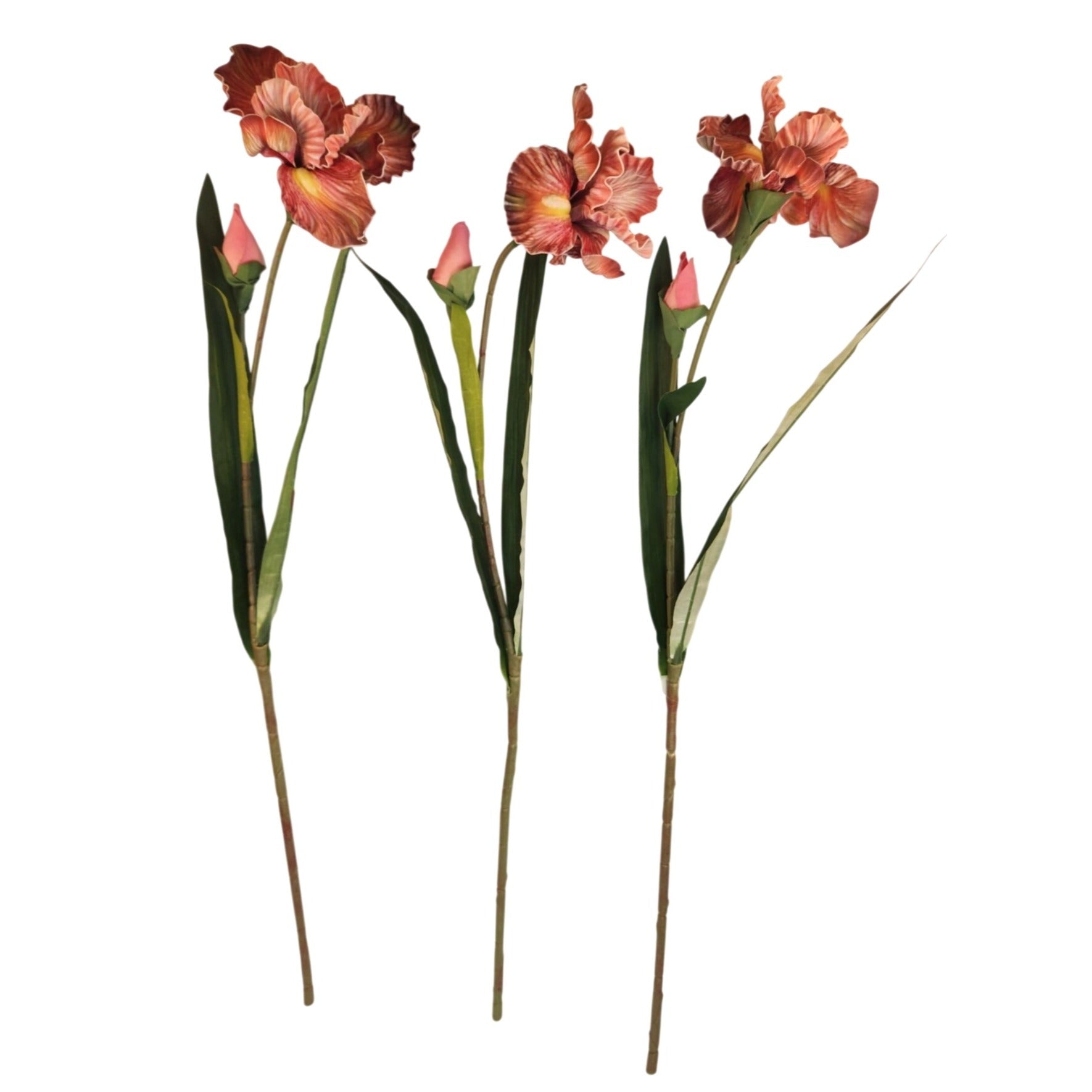 Luxury Artificial Iris Flower 33 Inch Tall Hand Painted Look Terracotta Pink Faux Floral Stem