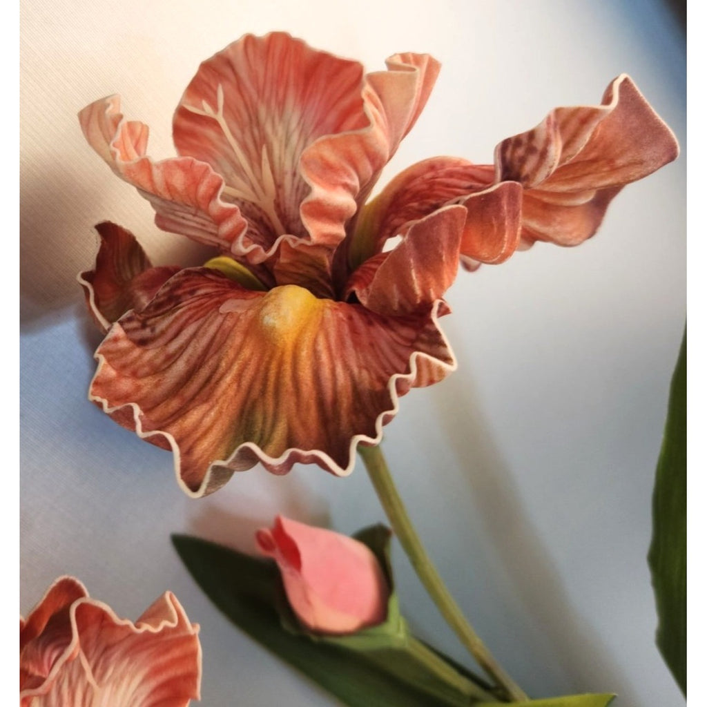 Luxury Artificial Iris Flower 33 Inch Tall Hand Painted Look Terracotta Pink Faux Floral Stem