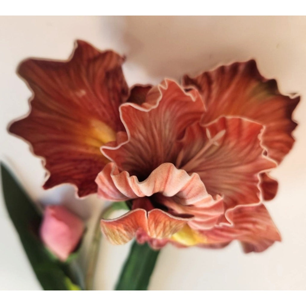 Luxury Artificial Iris Flower 33 Inch Tall Hand Painted Look Terracotta Pink Faux Floral Stem