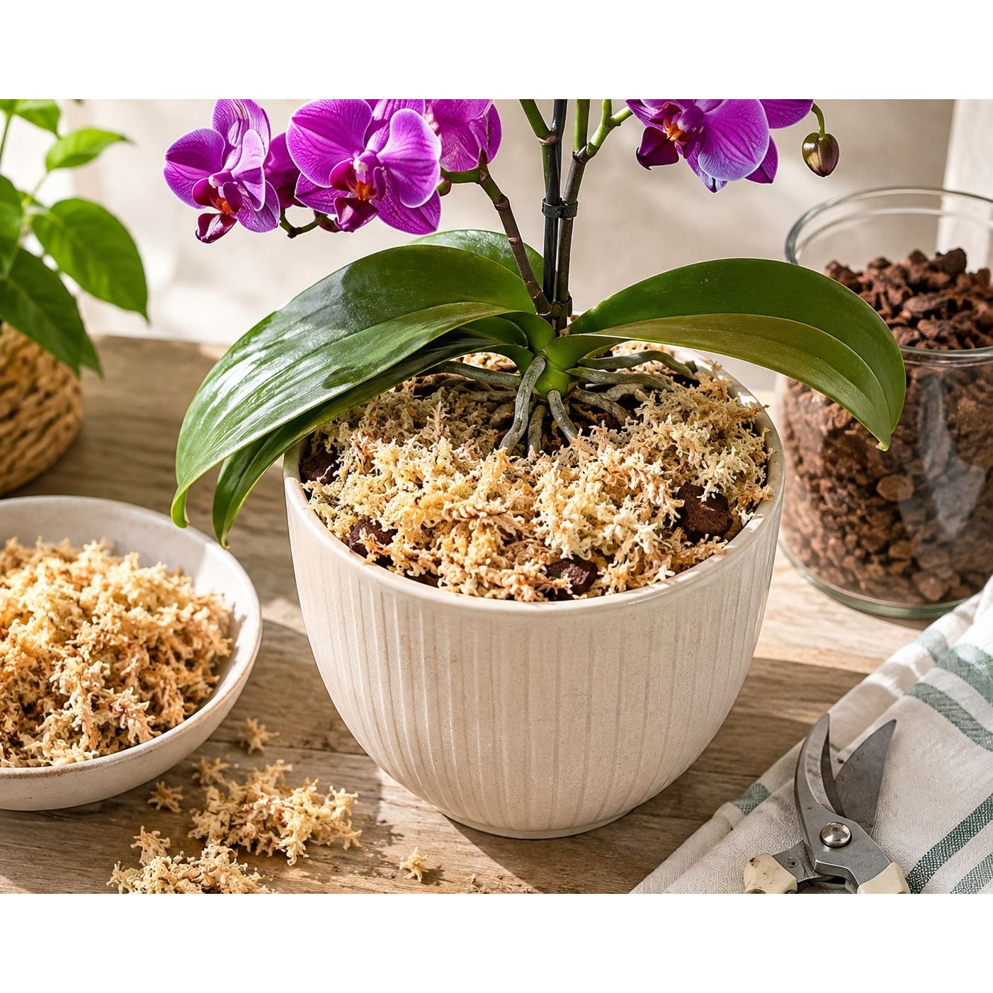 A potted purple orchid plant with green leaves and flowers, planted in a ribbed cream-colored ceramic pot filled with sphagnum moss. The pot sits on a wooden table surrounded by gardening props, including a bowl of moss, a jar of bark, and pruning shears.