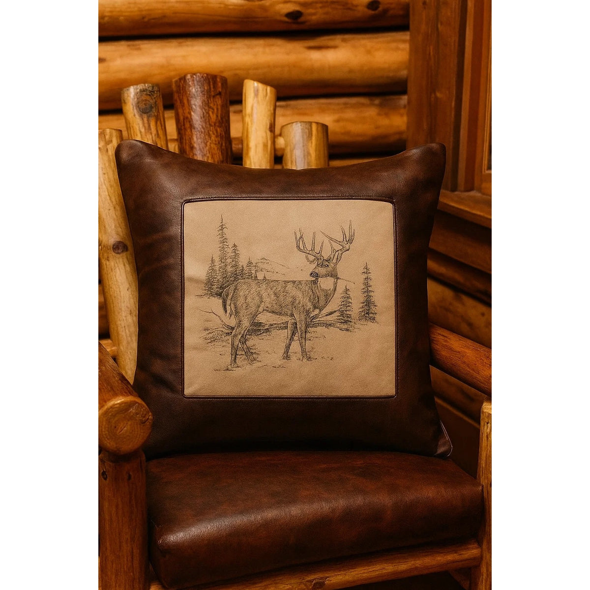 A square brown leather throw pillow with a tan center panel featuring a black line drawing of a deer in a forest, displayed on a rustic wooden log chair.
