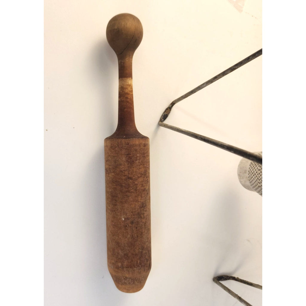 Vintage Kitchen Craft Cone Strainer with Stand and Wooden Pestle, Made in USA, 3 Piece Set