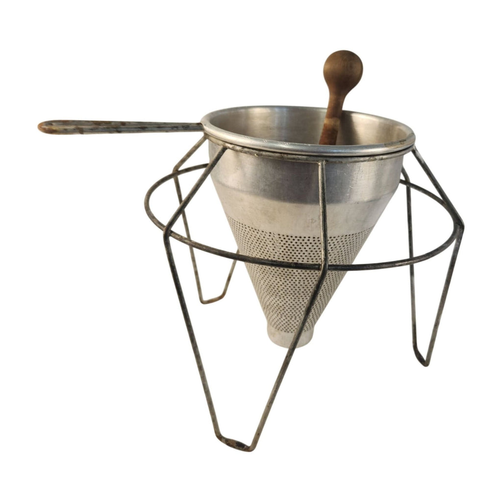 Vintage Kitchen Craft Cone Strainer with Stand and Wooden Pestle, Made in USA, 3 Piece Set