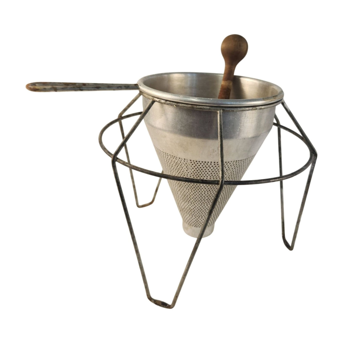 Vintage Kitchen Craft Cone Strainer with Stand and Wooden Pestle, Made in USA, 3 Piece Set