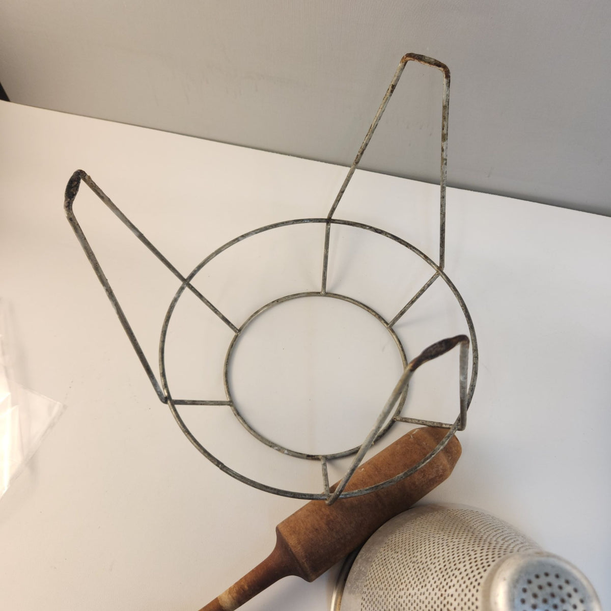 Vintage Kitchen Craft Cone Strainer with Stand and Wooden Pestle, Made in USA, 3 Piece Set