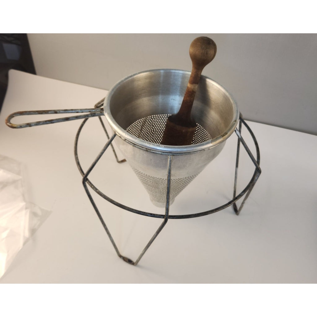 Vintage Kitchen Craft Cone Strainer with Stand and Wooden Pestle, Made in USA, 3 Piece Set