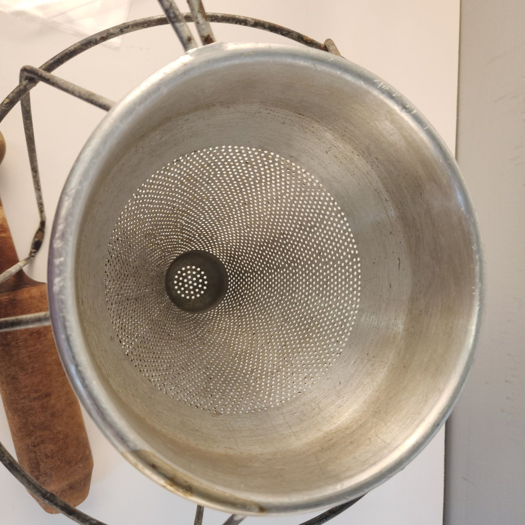 Vintage Kitchen Craft Cone Strainer with Stand and Wooden Pestle, Made in USA, 3 Piece Set