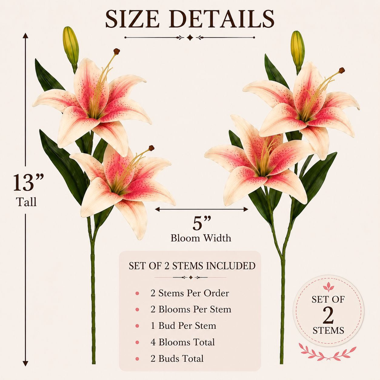 Real Touch Pink Stargazer Lily Stems Set of 2, Artificial Lily Flowers, Faux Wedding Flowers, Cream Pink Lily Spray, French Country Decor