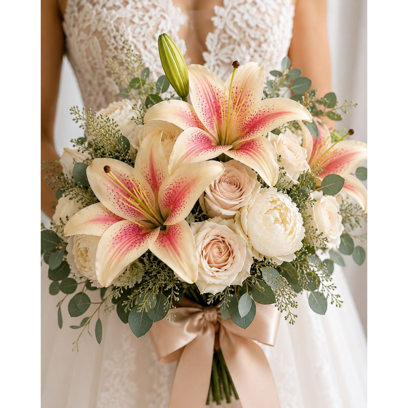 Real Touch Pink Stargazer Lily Stems Set of 2, Artificial Lily Flowers, Faux Wedding Flowers, Cream Pink Lily Spray, French Country Decor