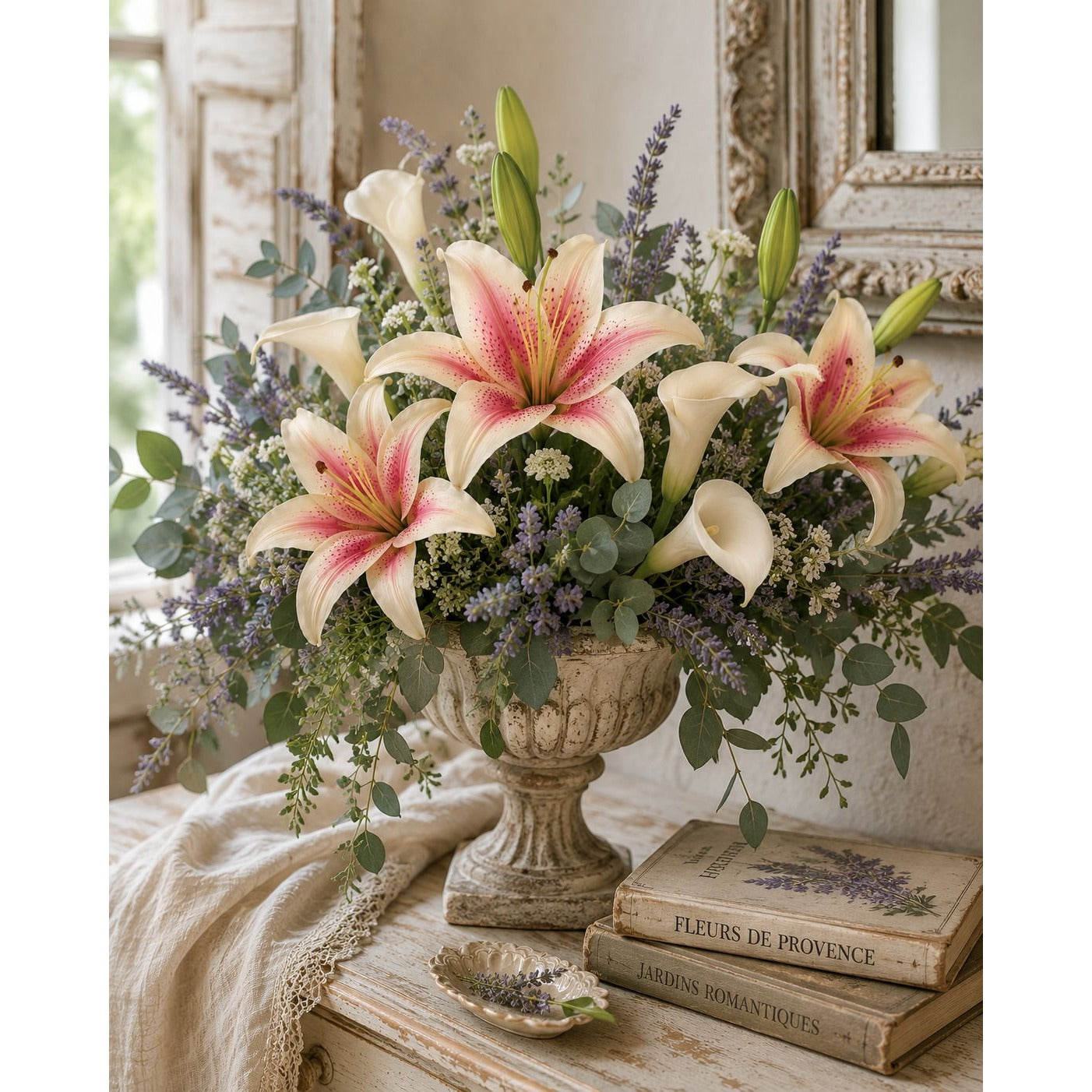 Real Touch Pink Stargazer Lily Stems Set of 2, Artificial Lily Flowers, Faux Wedding Flowers, Cream Pink Lily Spray, French Country Decor