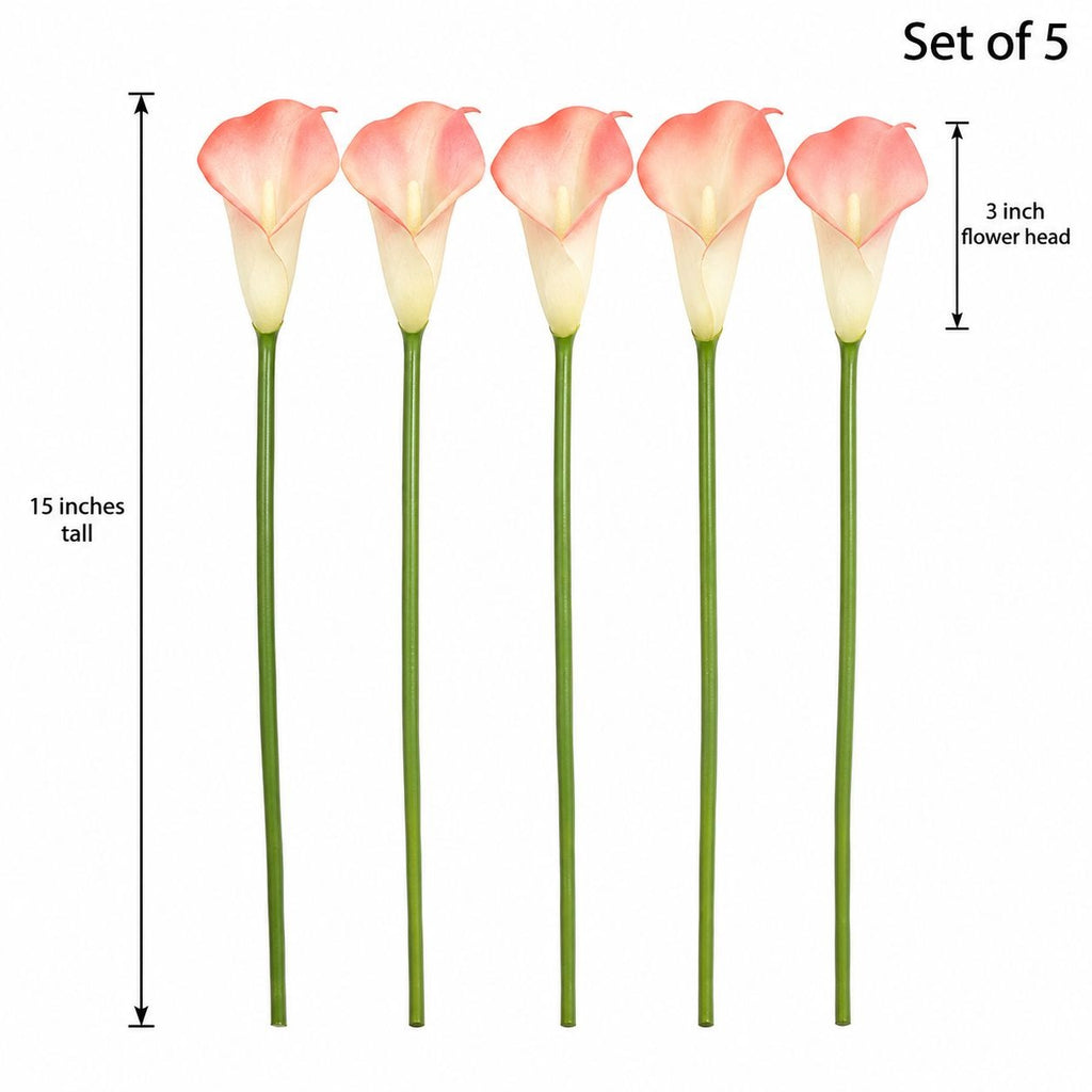 Blush Coral Artificial Calla Lily Stems, Set of 5, 15 Inch, Wired