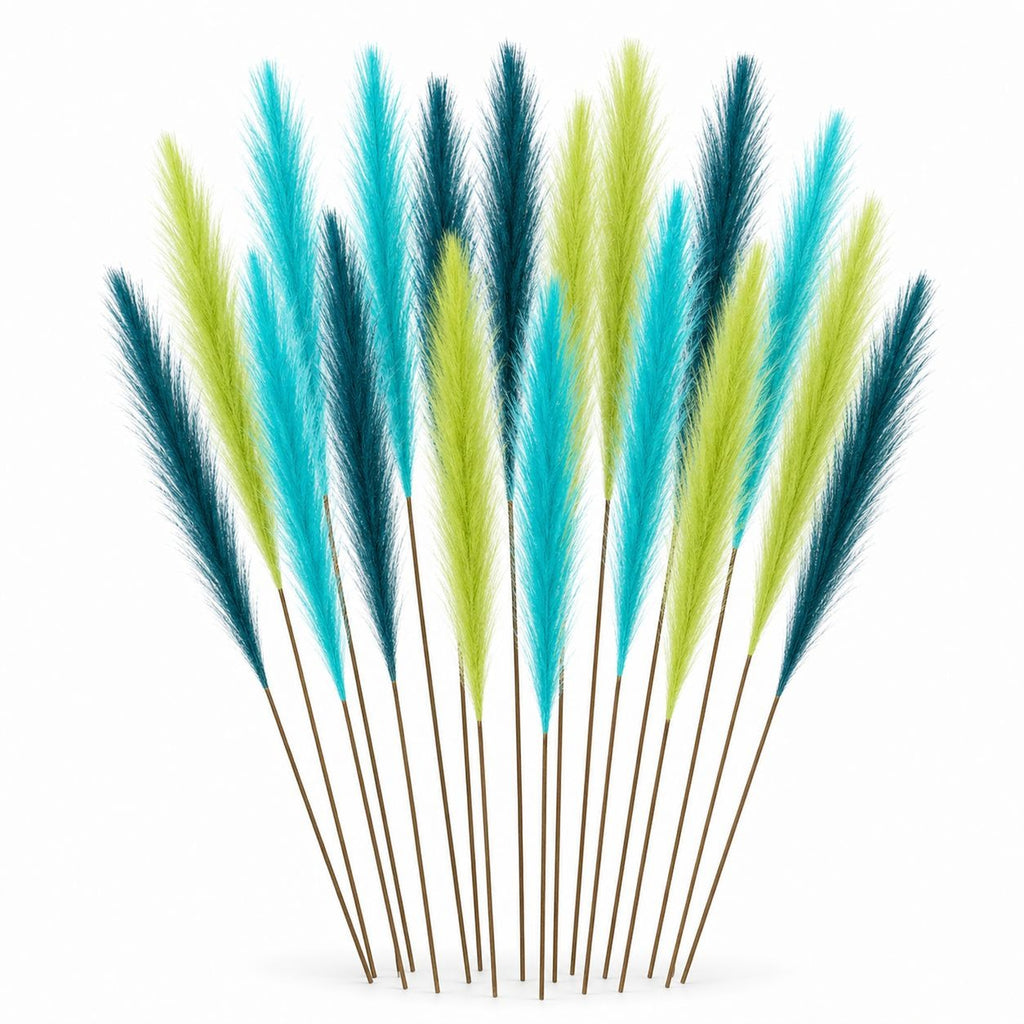 Turquoise, Deep Teal and Lime Faux Pampas Grass — Set of 18 Wispy 22-Inch Artificial Stems