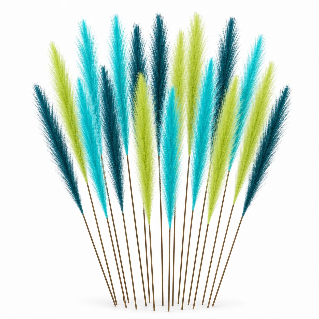 Turquoise, Deep Teal and Lime Faux Pampas Grass — Set of 18 Wispy 22-Inch Artificial Stems