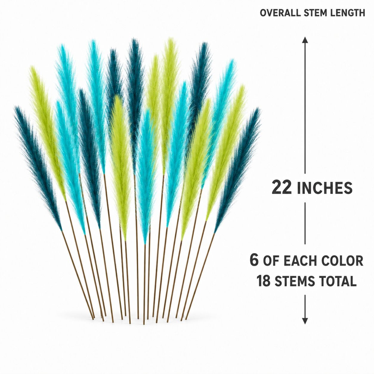 A set of 18 pampas-style decorative stems with feathery plumes in turquoise, teal, and lime green, shown with measurement text indicating an overall stem length of 22 inches.