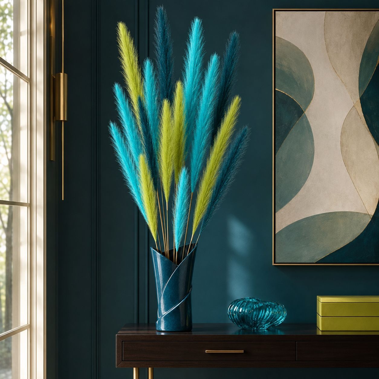 A decorative arrangement of tall feathery stems in bright turquoise blue and lime green, displayed in a dark blue vase on a dark wood console table in a styled interior setting.