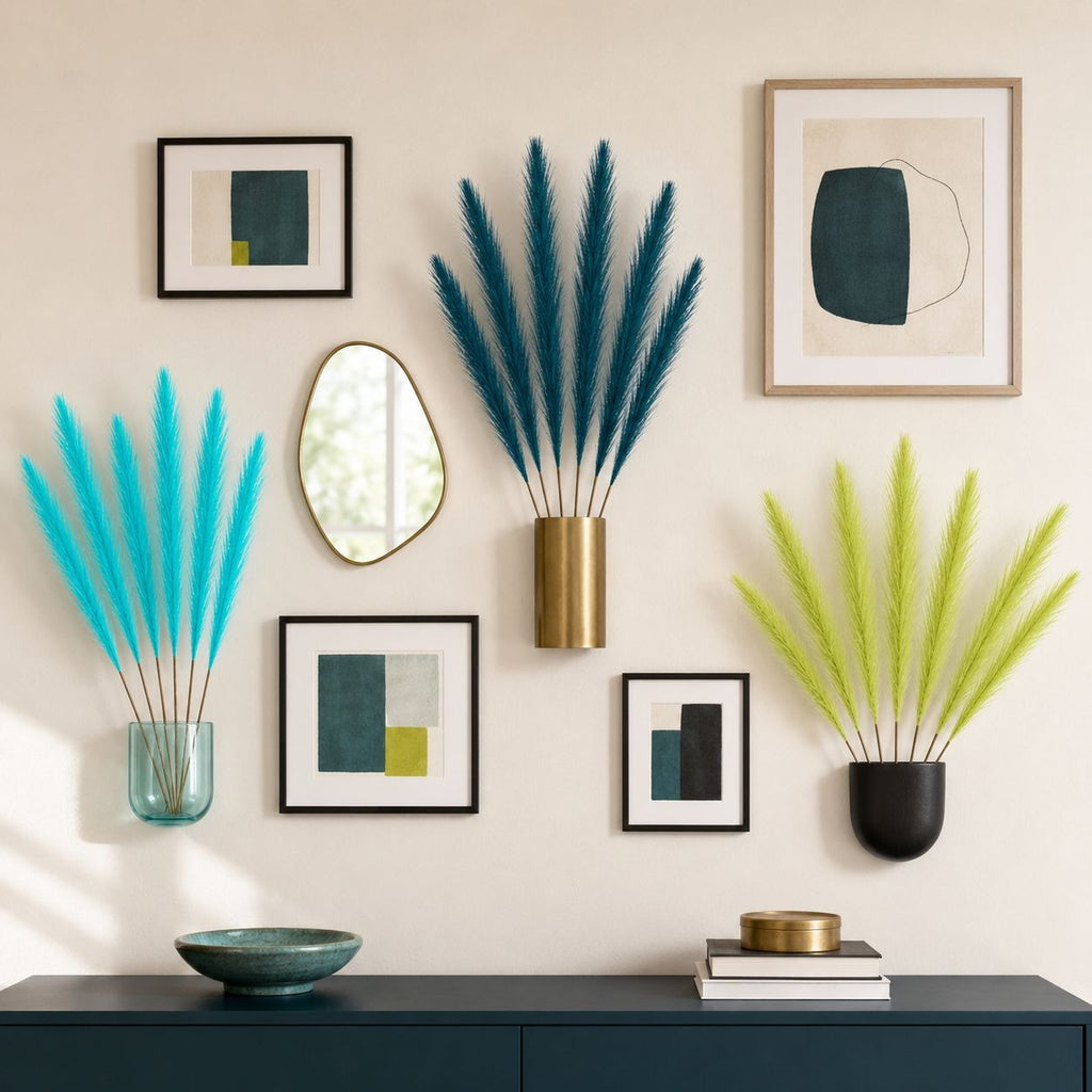 A styled interior wall display featuring framed abstract art prints, a small oval mirror, and several pampas grass arrangements in different colored vases, mounted above a dark blue console table.
