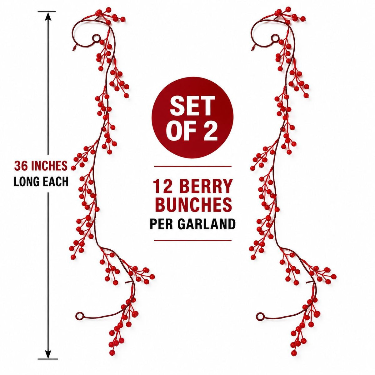 Set of 2 Red Berry Garlands, 36-Inch Artificial Christmas Wreath Accents