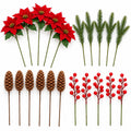 Artificial Red Poinsettia Set, 21 Christmas Pieces, Berries & Pinecones