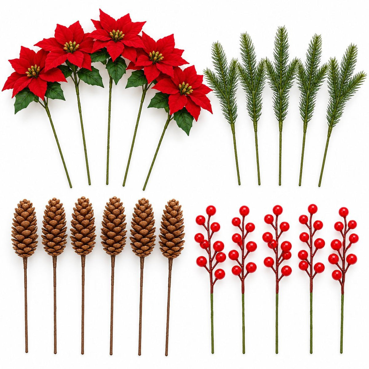 Artificial Red Poinsettia Set, 21 Christmas Pieces, Berries & Pinecones