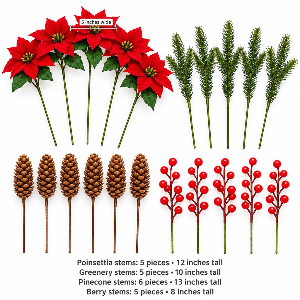 Artificial Red Poinsettia Set, 21 Christmas Pieces, Berries & Pinecones