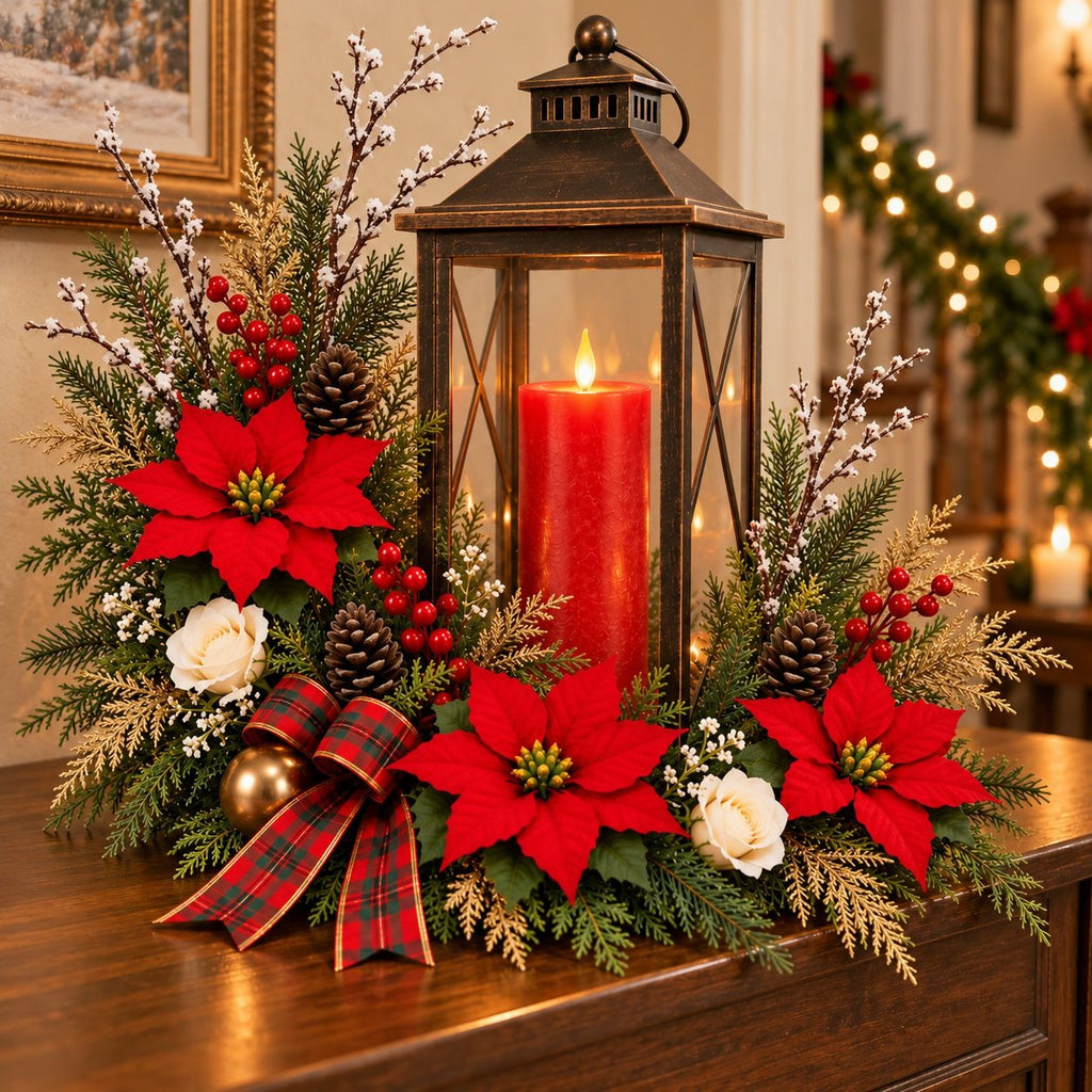 Artificial Red Poinsettia Set, 21 Christmas Pieces, Berries & Pinecones
