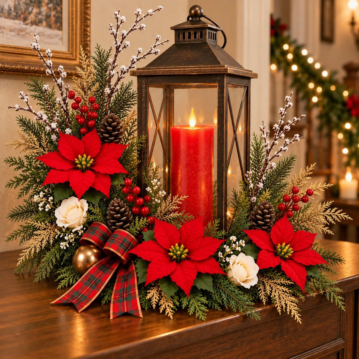 Artificial Red Poinsettia Set, 21 Christmas Pieces, Berries & Pinecones