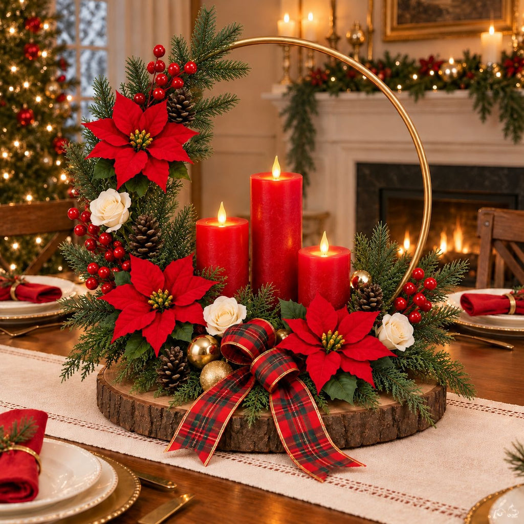 Artificial Red Poinsettia Set, 21 Christmas Pieces, Berries & Pinecones
