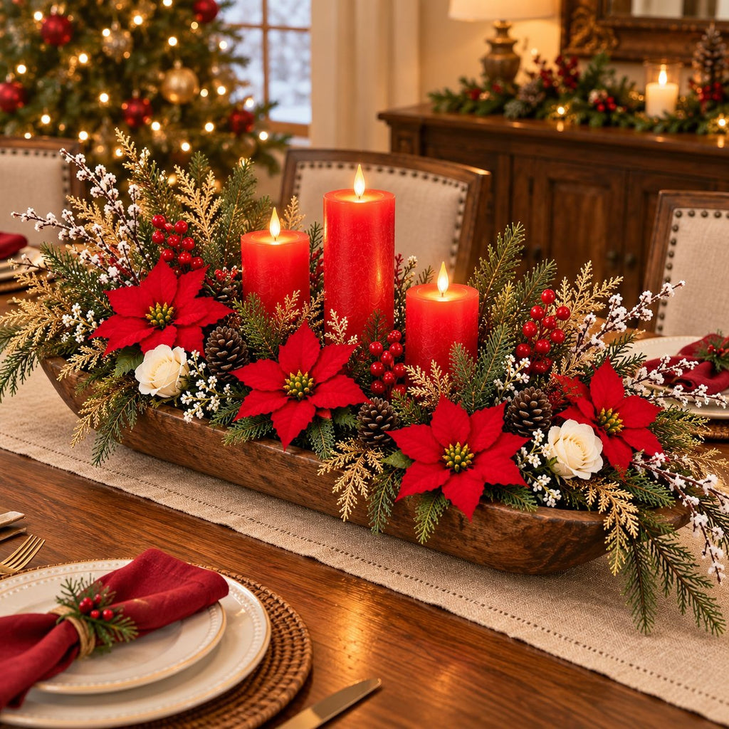 Artificial Red Poinsettia Set, 21 Christmas Pieces, Berries & Pinecones