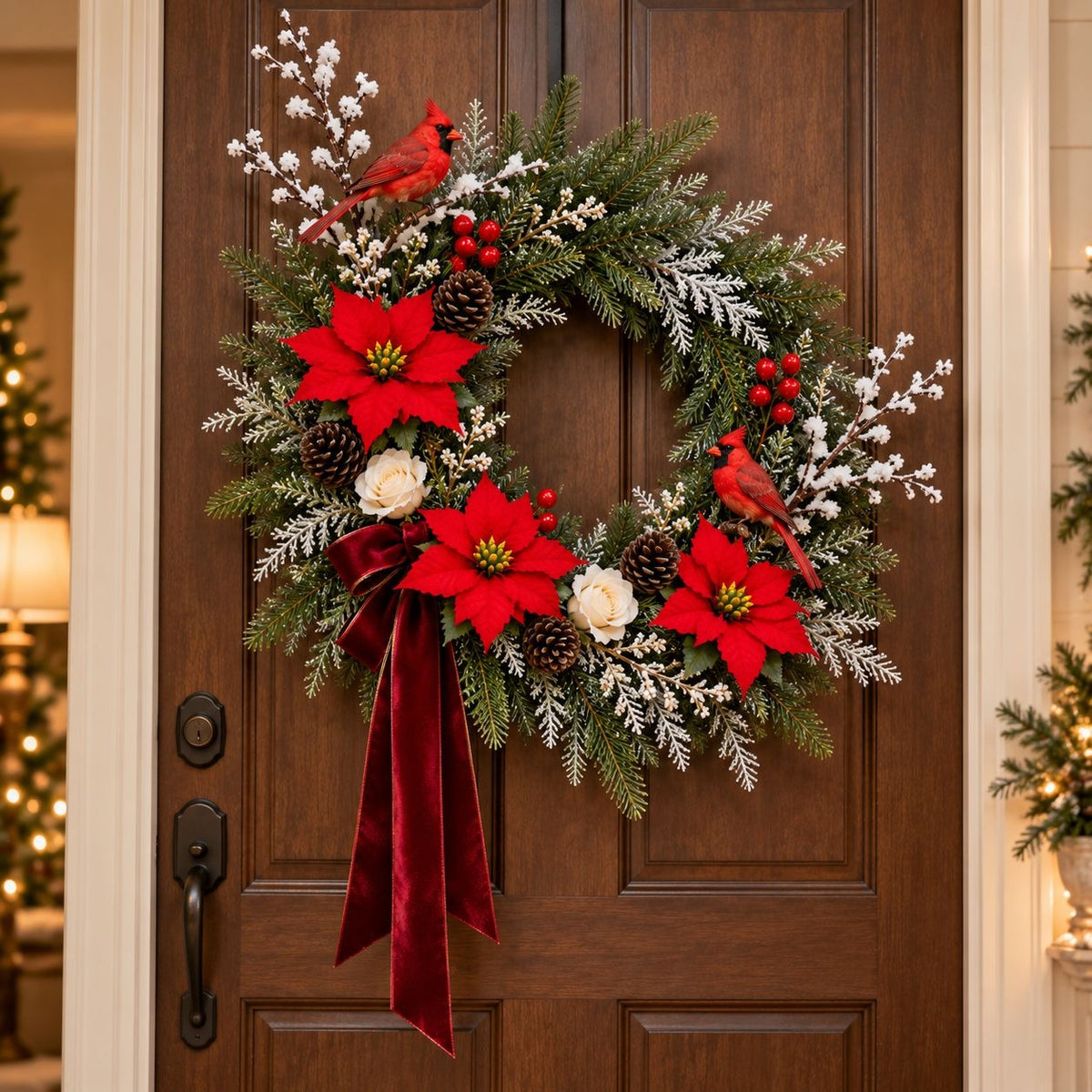 Artificial Red Poinsettia Set, 21 Christmas Pieces, Berries & Pinecones