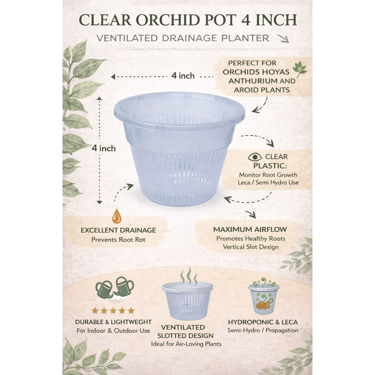 Clear Orchid Pot 4 Inch Slotted Plastic Planter Ventilated Drainage Pot Hydroponic