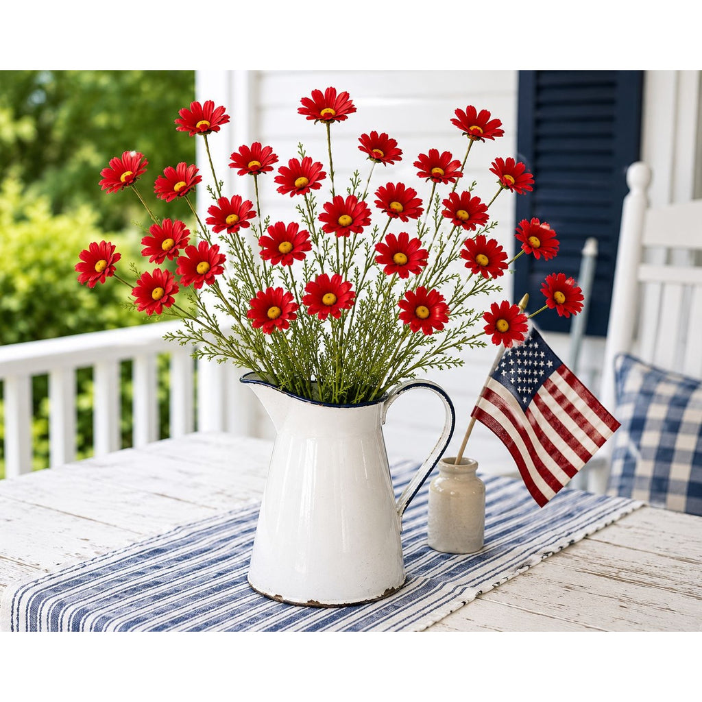 Red Artificial Daisy Stems Set of 5, 20 Inch Faux Silk Flowers, 25 Blooms, Cottage Farmhouse Floral Decor