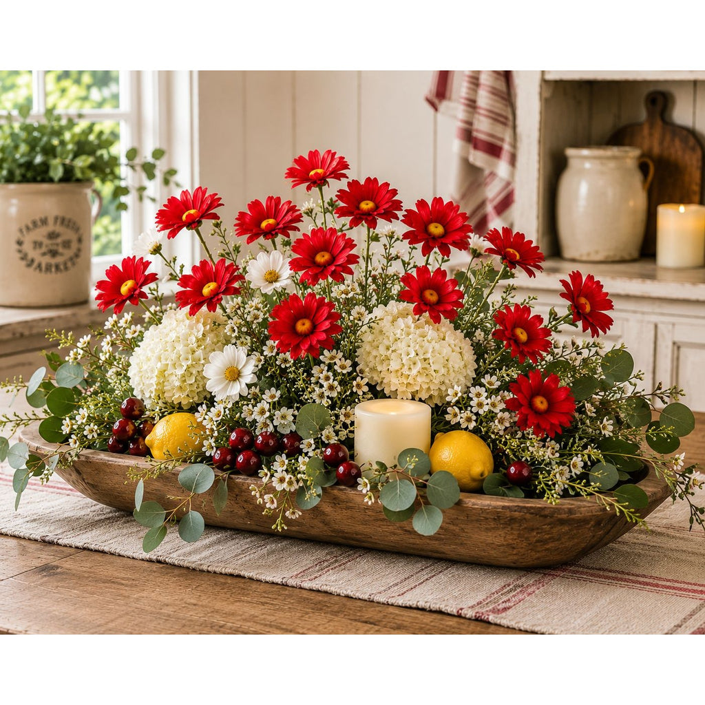 Red Artificial Daisy Stems Set of 5, 20 Inch Faux Silk Flowers, 25 Blooms, Cottage Farmhouse Floral Decor