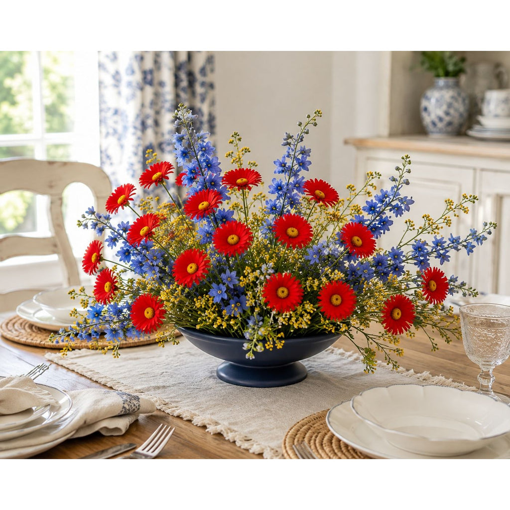 Red Artificial Daisy Stems Set of 5, 20 Inch Faux Silk Flowers, 25 Blooms, Cottage Farmhouse Floral Decor