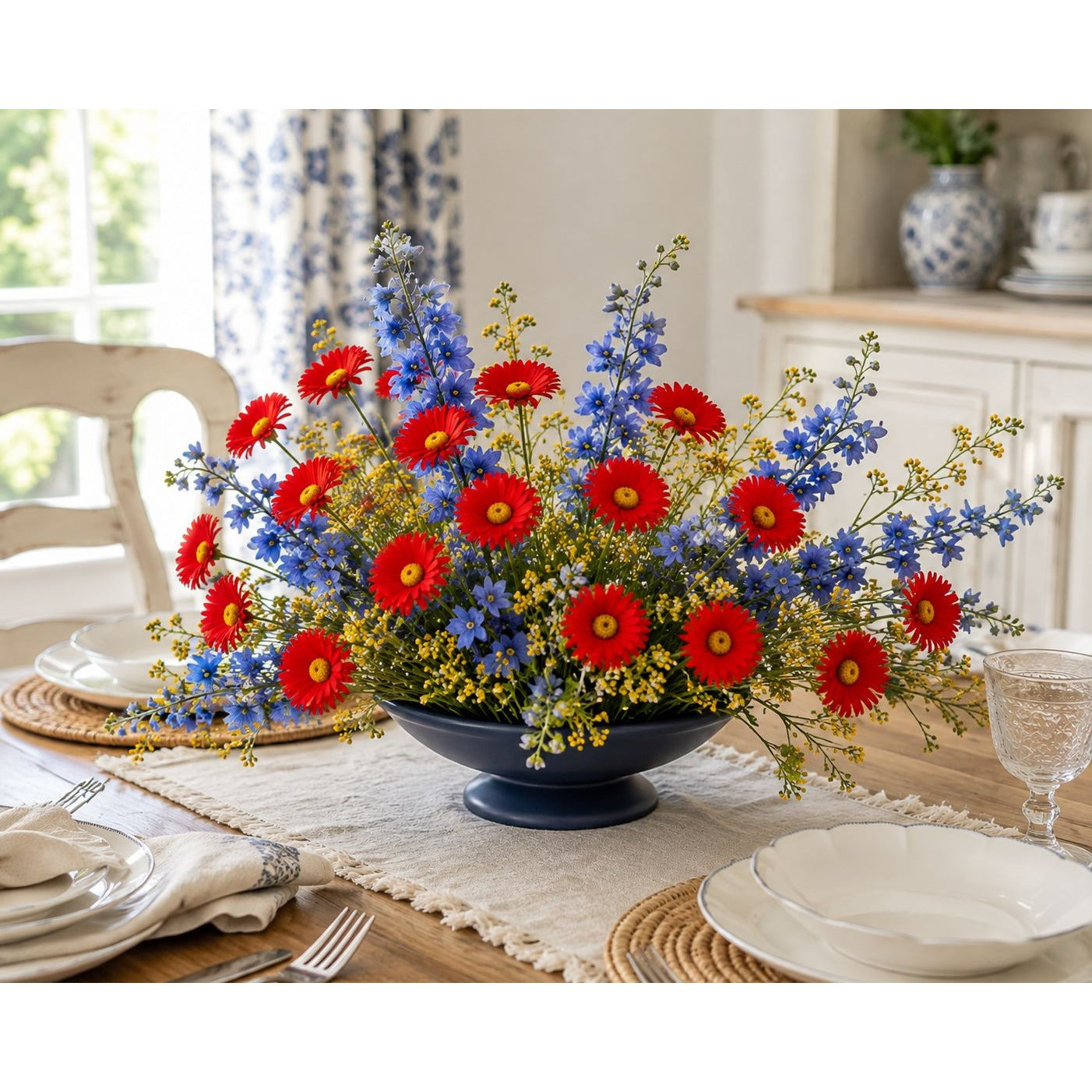 Red Artificial Daisy Stems Set of 5, 20 Inch Faux Silk Flowers, 25 Blooms, Cottage Farmhouse Floral Decor